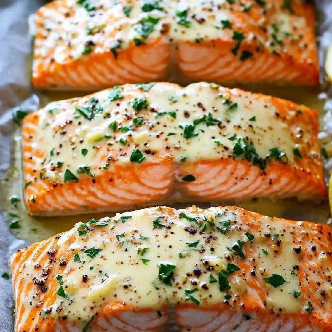 Baked salmon with creamy lemon and garlic sauce
