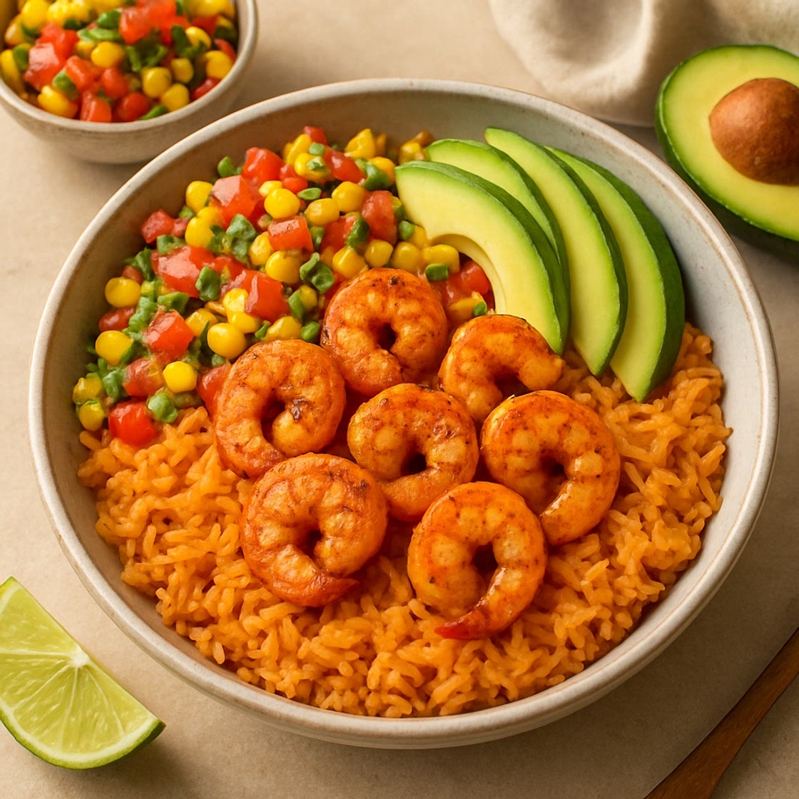 Mexican Shrimp & Rice Bowls with Corn Pico de Gallo and Avocado