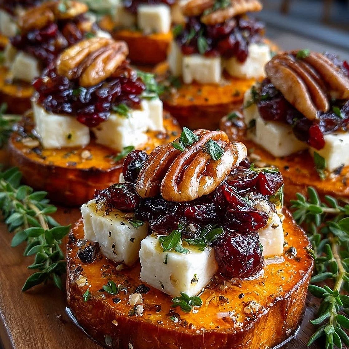 Sweet Potato Rounds with Brie, Cranberry & Pecans