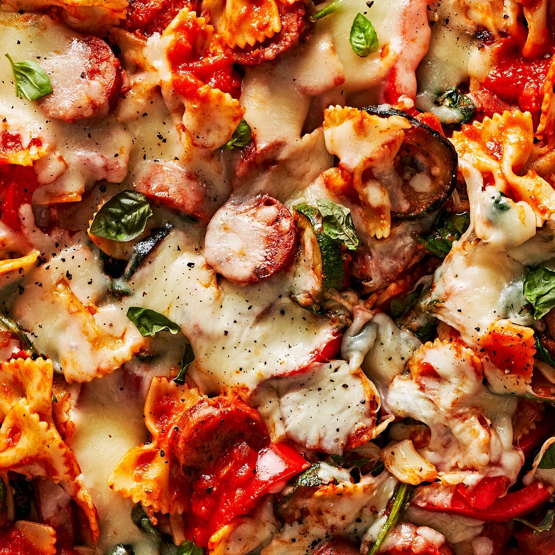 Summer Bowtie Pasta and Chicken Sausage Skillet Bake