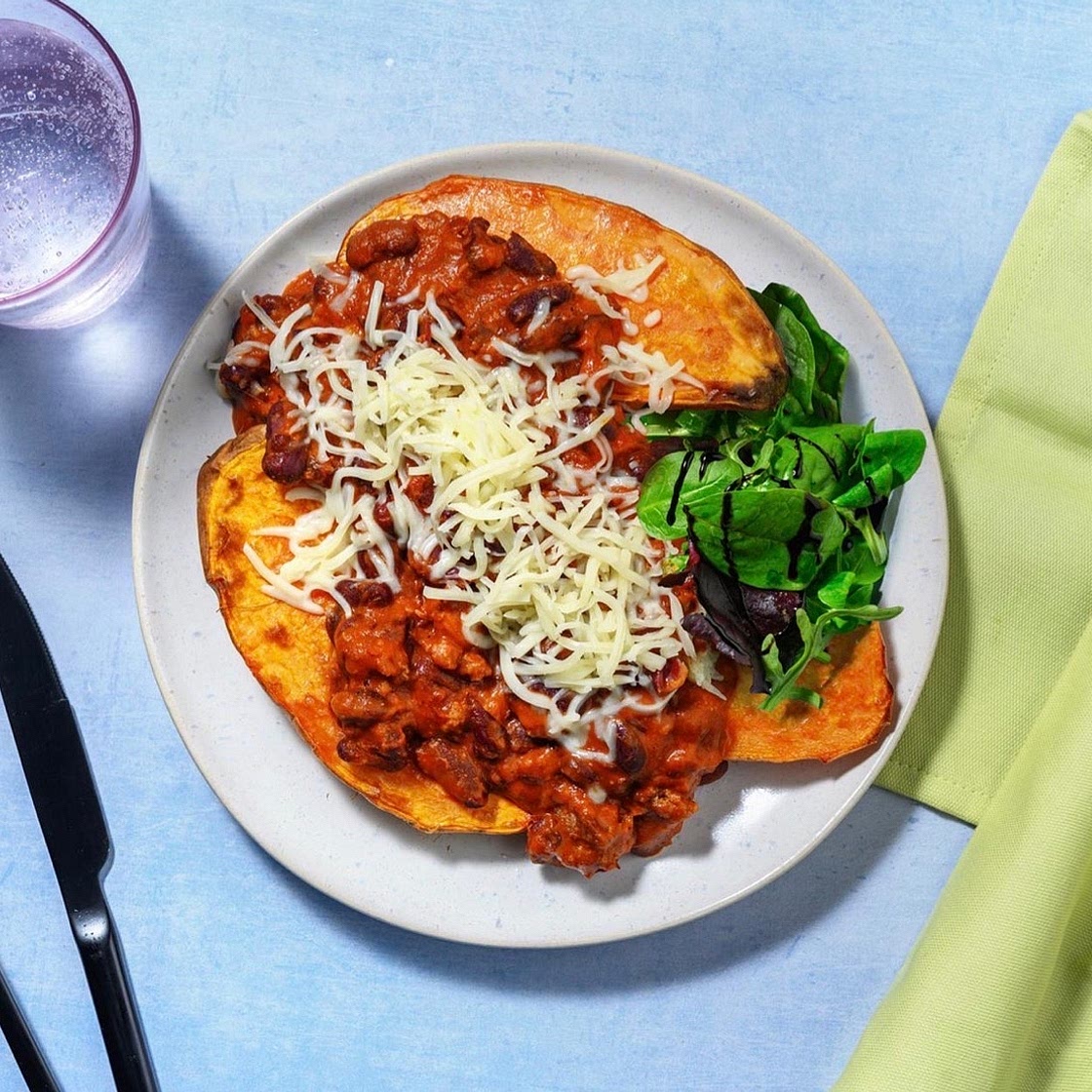 Easy Cheesy Beef and Pork Chilli Loaded Sweet Potato