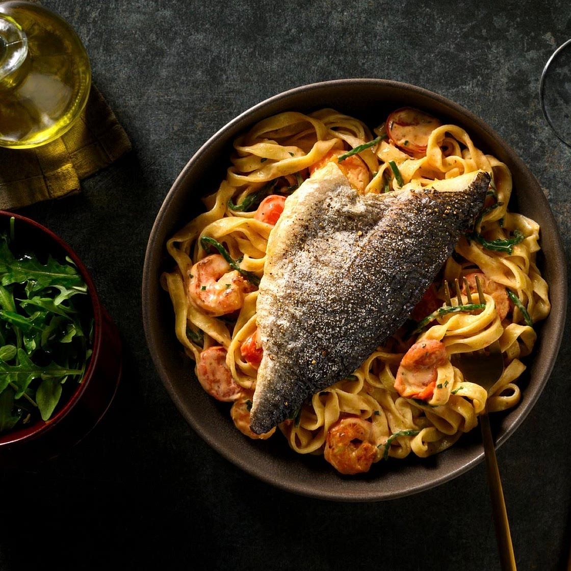 Crispy Sea Bream on King Prawn Tagliatelle