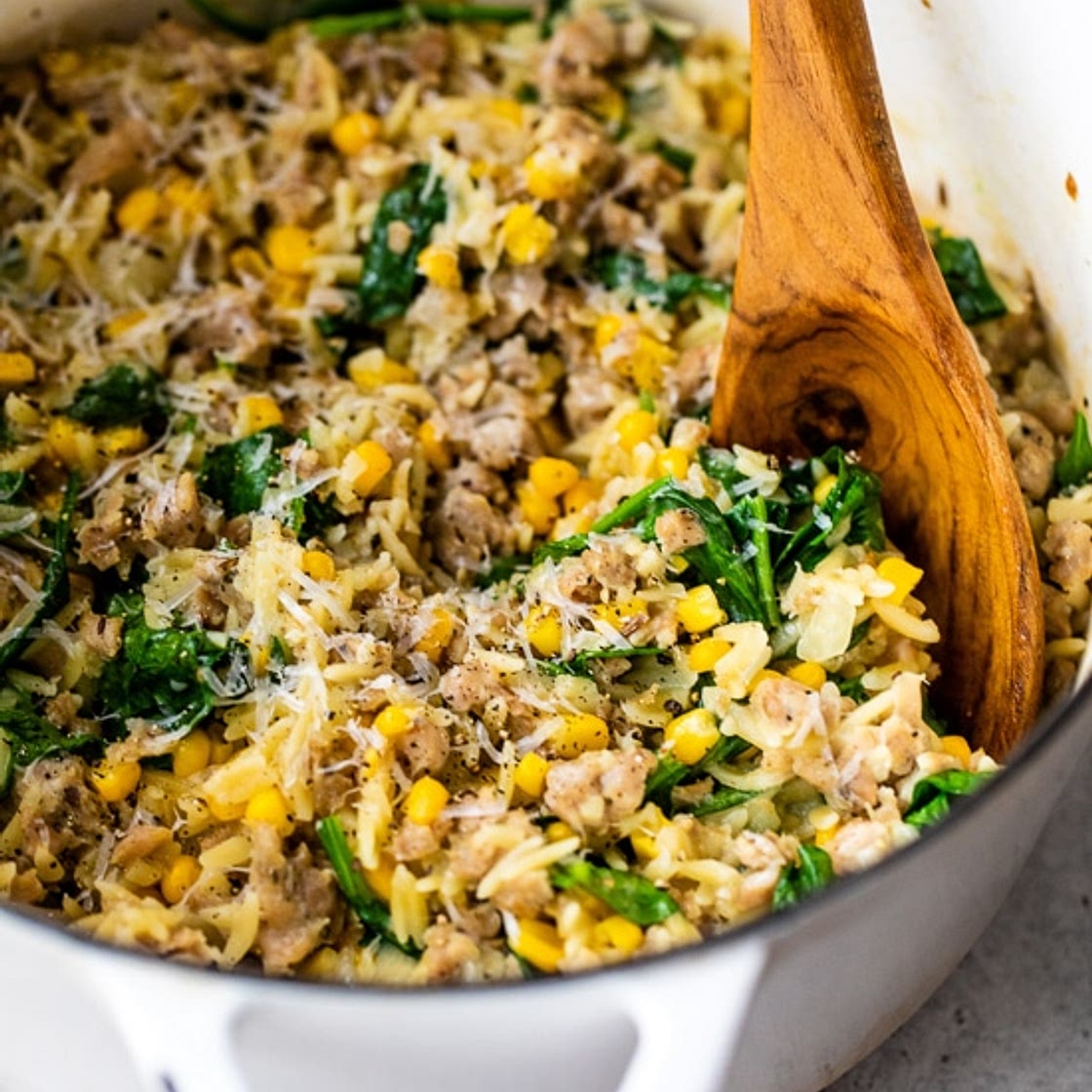 One-Pot Orzo with Sausage, Spinach and Corn