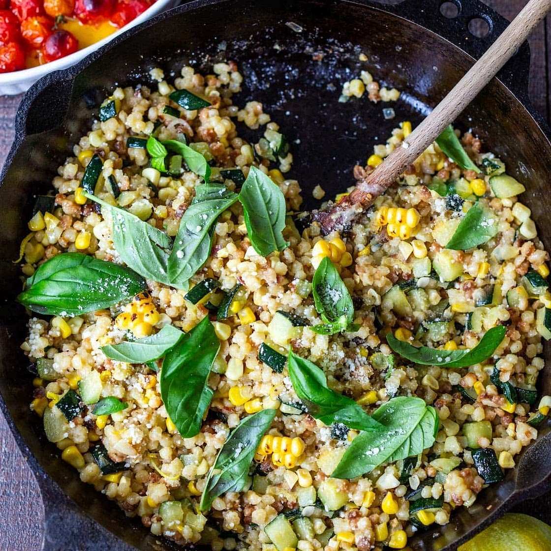 Fregola with Corn, Zucchini and Basil