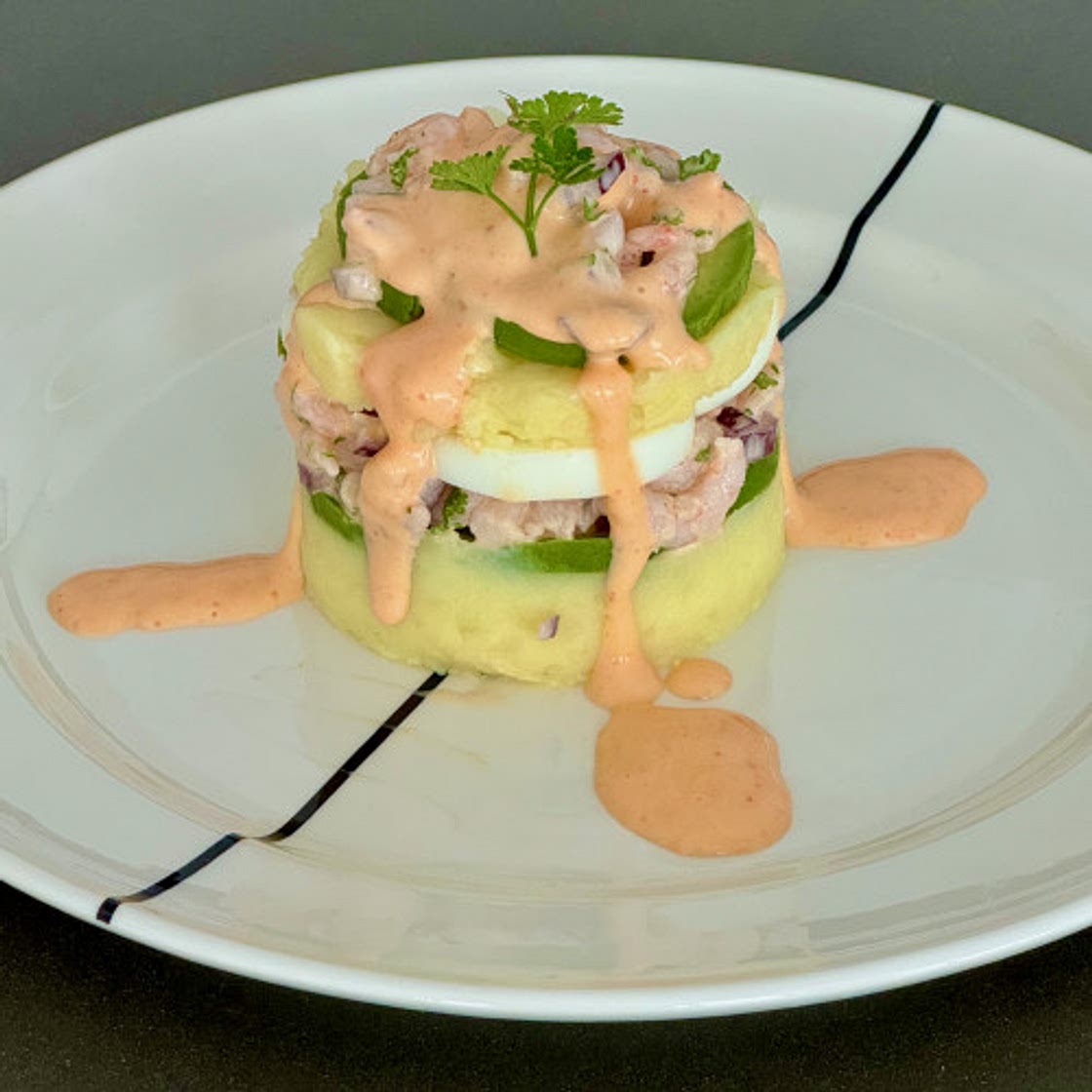 Peruvian causa with shrimp