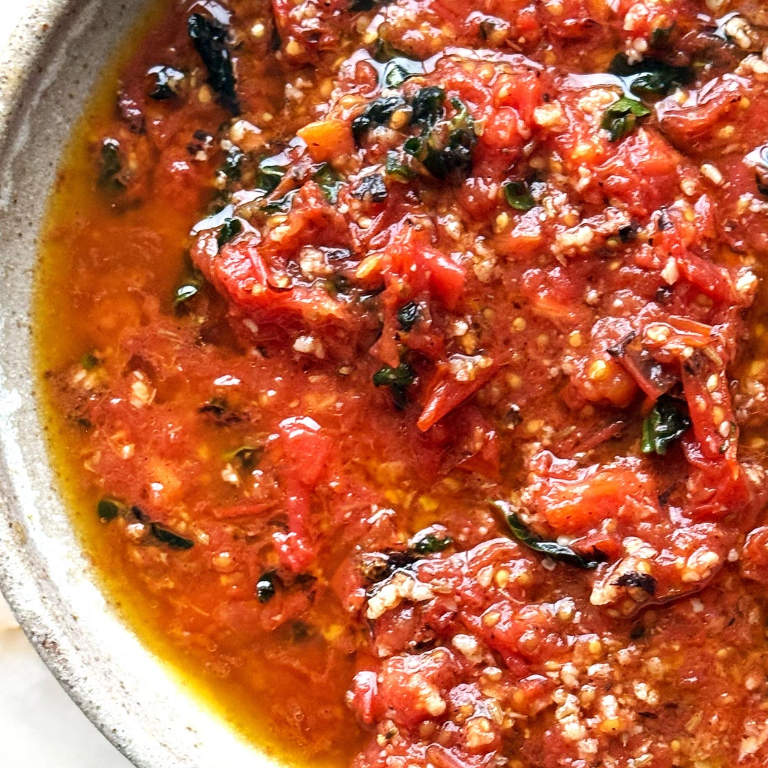 Lentil, fennel and parmesan “stoup” with charred tomato salsa