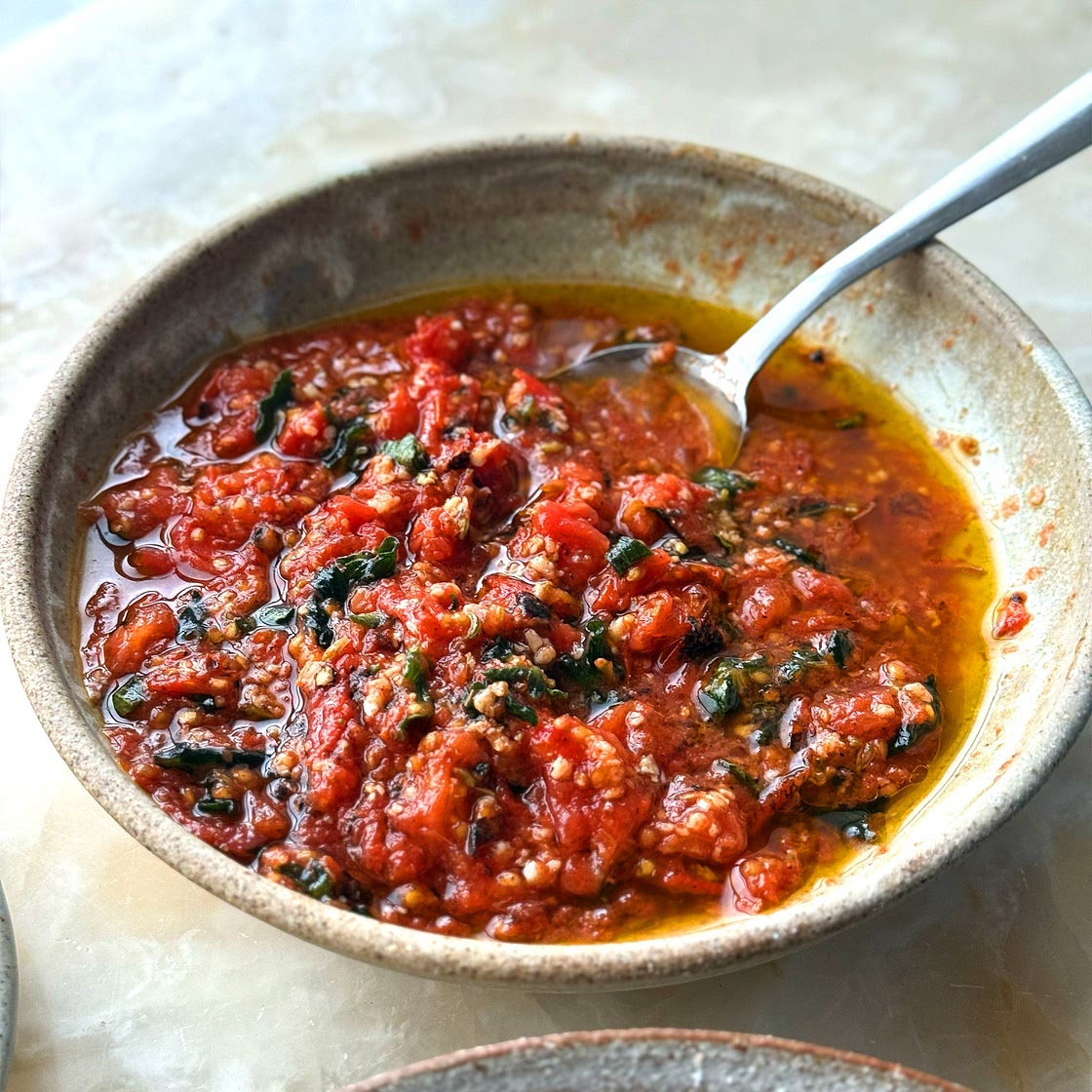 Lentil, fennel and parmesan “stoup” with charred tomato salsa