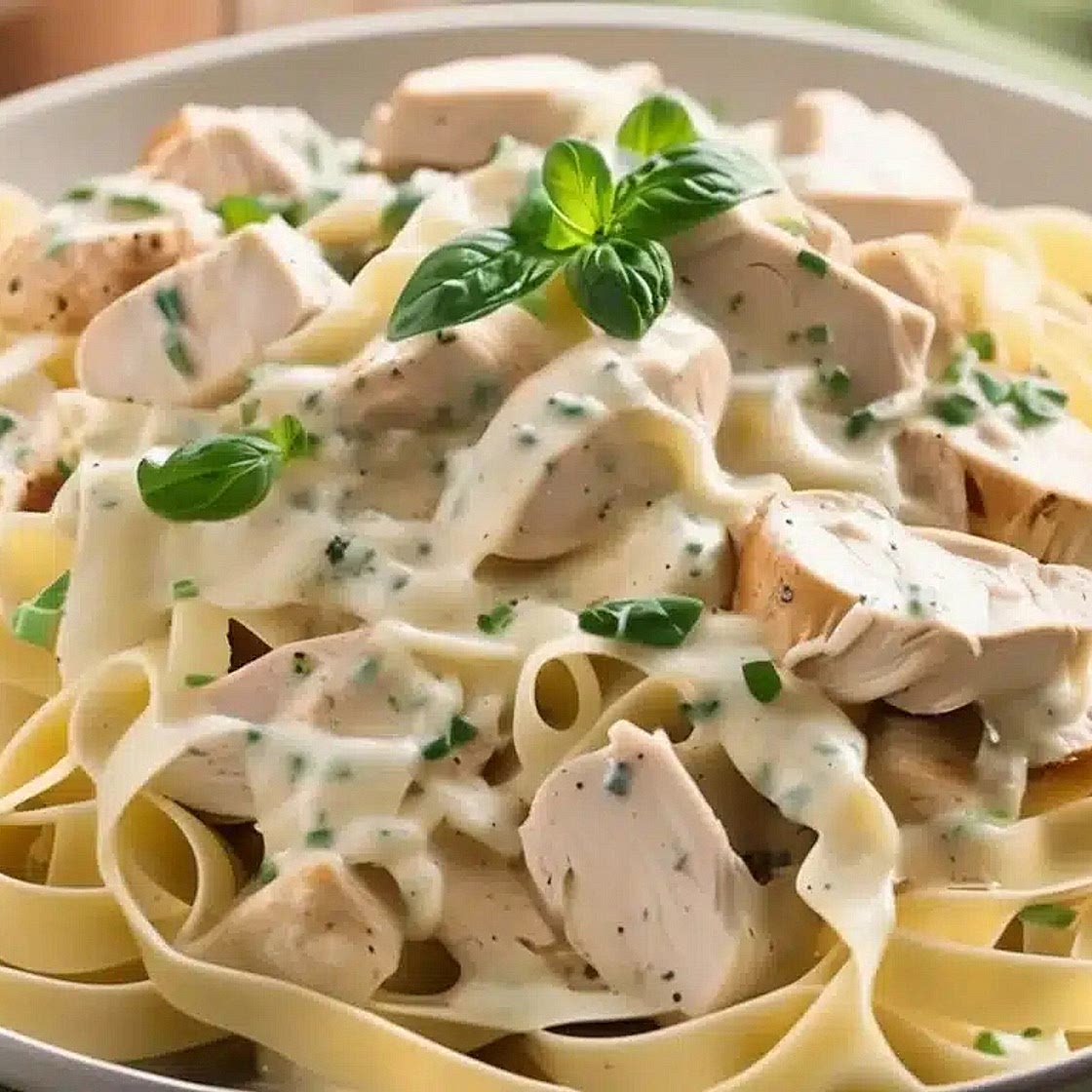 CHICKEN ALFREDO WITH FETTUCCINI NOODLES