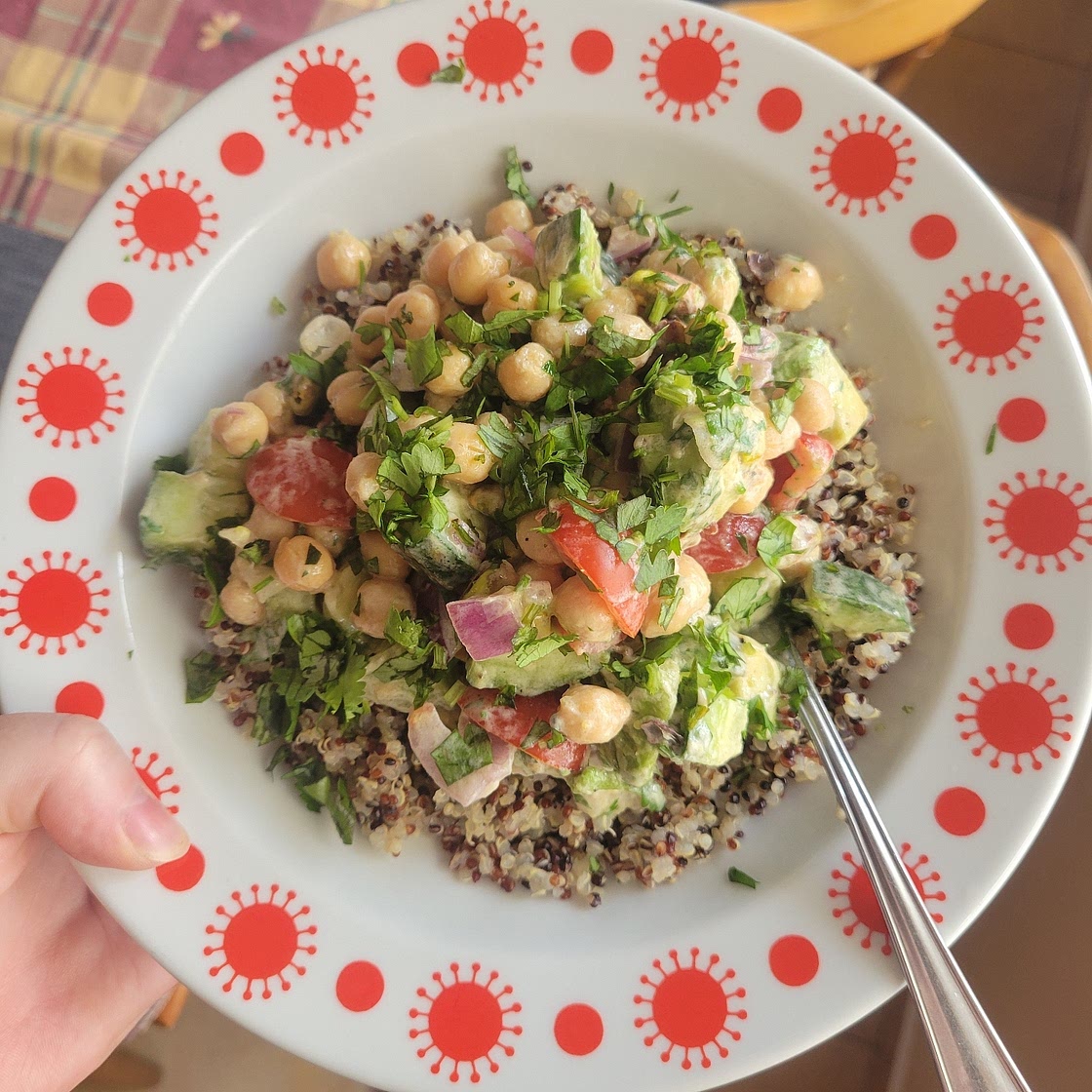 15 min Chickpea Quinoa Salad with cumin tahini dressing