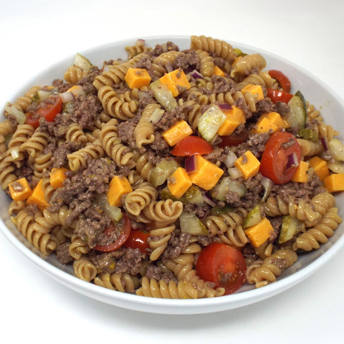 Cheeseburger Pasta Salad with Yellow Mustard Vinaigrette