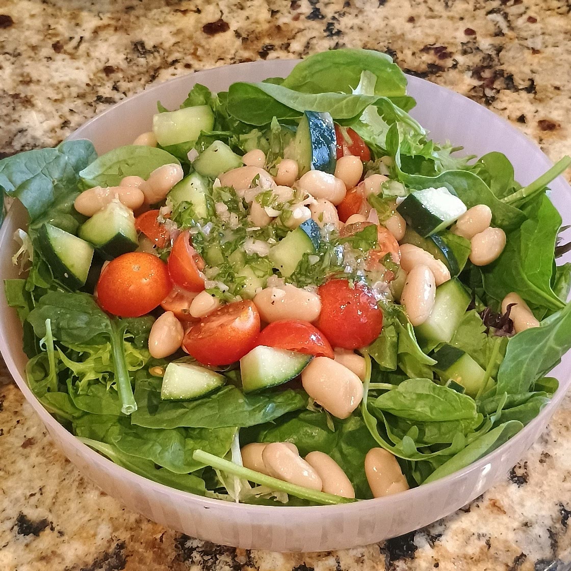 Tomato, Cucumber & White-Bean Salad with Basil Vinaigrette