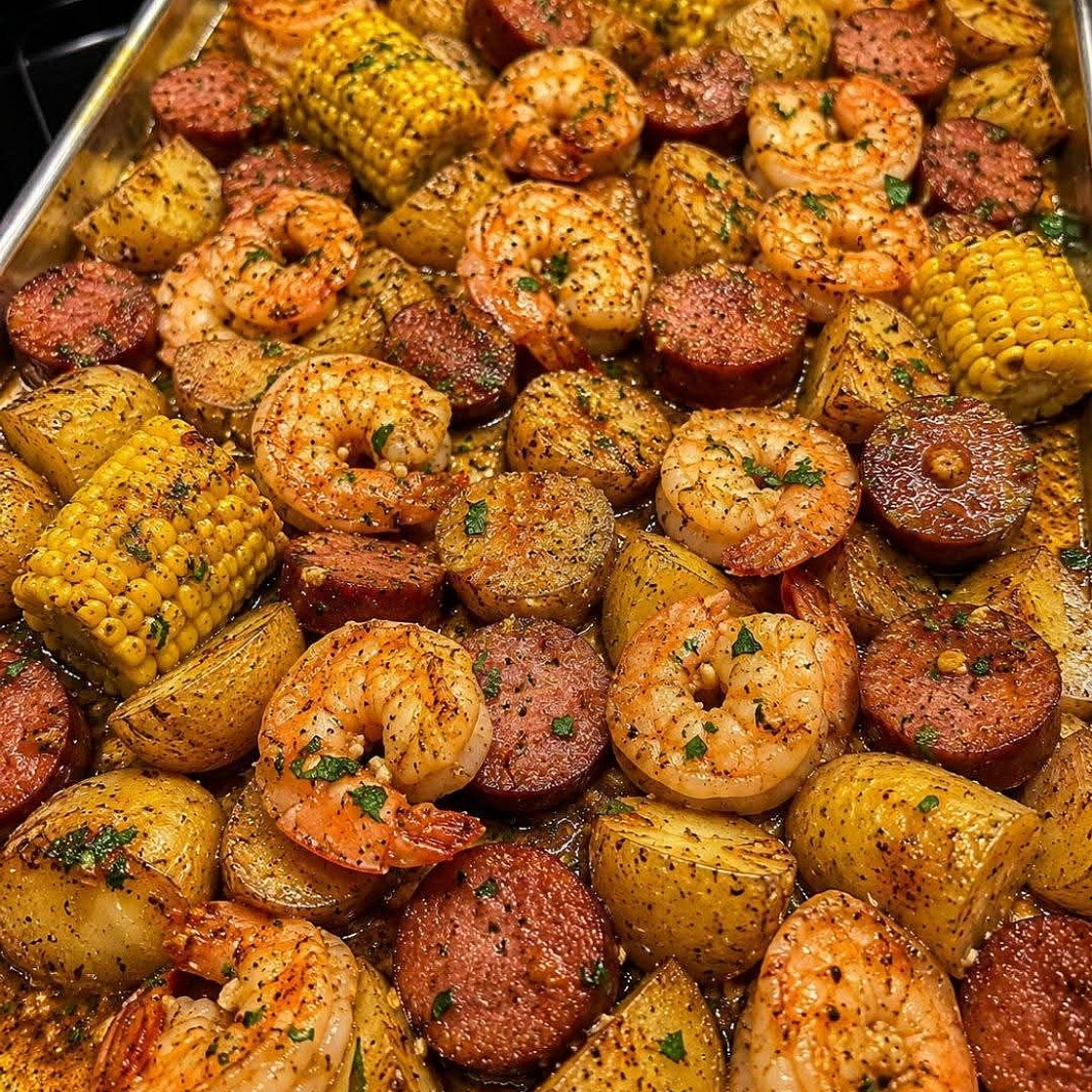 Garlic Butter Shrimp, Smoked Beef Sausage & Corn Sheet Pan Bake