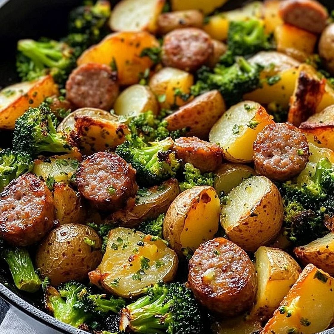 OVEN ROASTED SMOKED SAUSAGE WITH GARLIC BUTTER POTATOES AND BROCCOLI