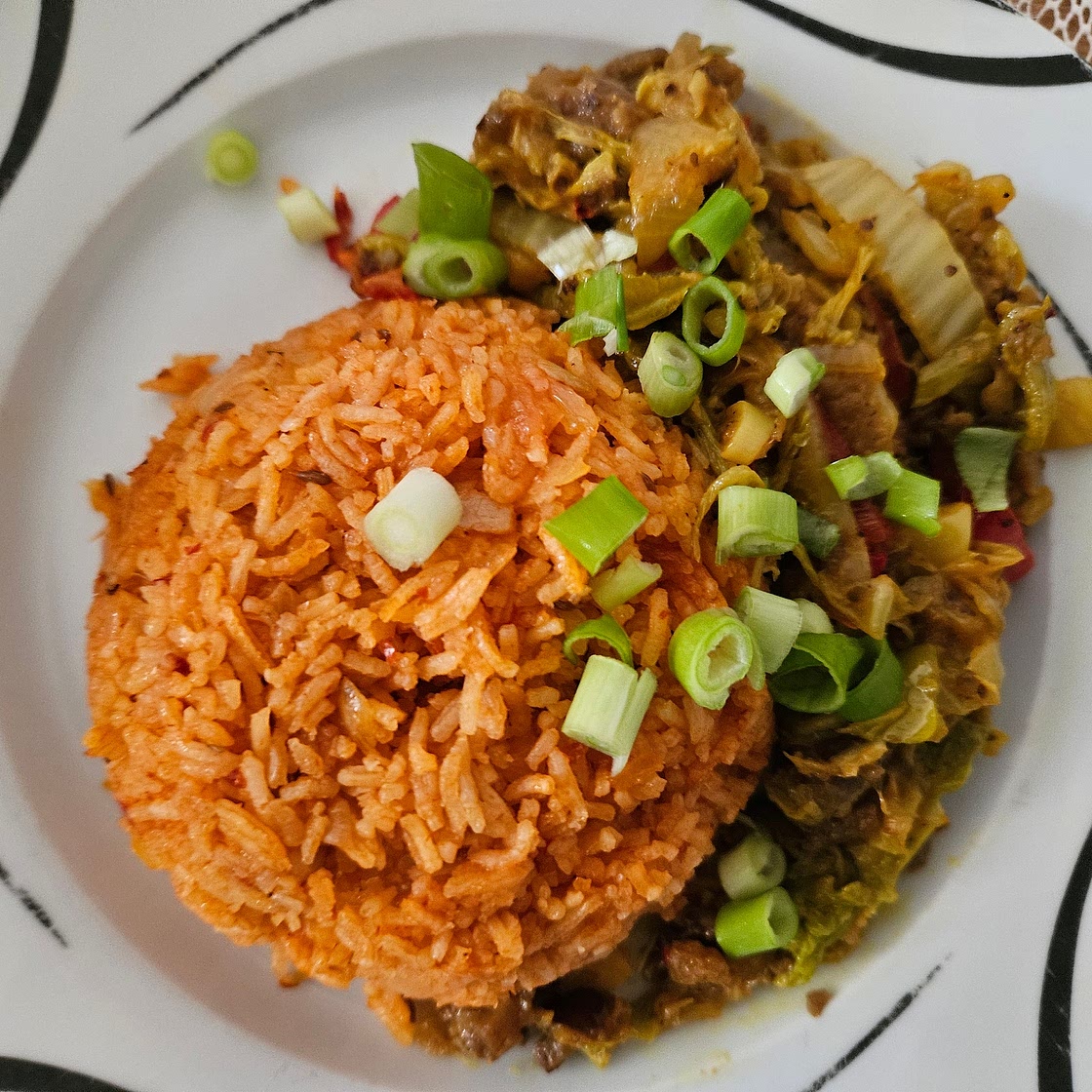 Vegan Roasted Eggplant (Aubergine) & Cabbage Sauté with Tomato-Cumin Basmati Rice