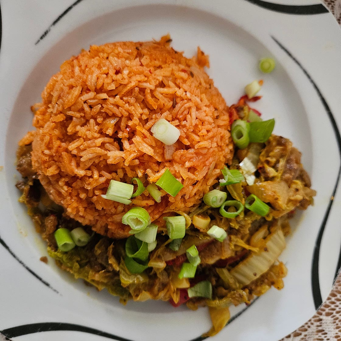 Vegan Roasted Eggplant (Aubergine) & Cabbage Sauté with Tomato-Cumin Basmati Rice