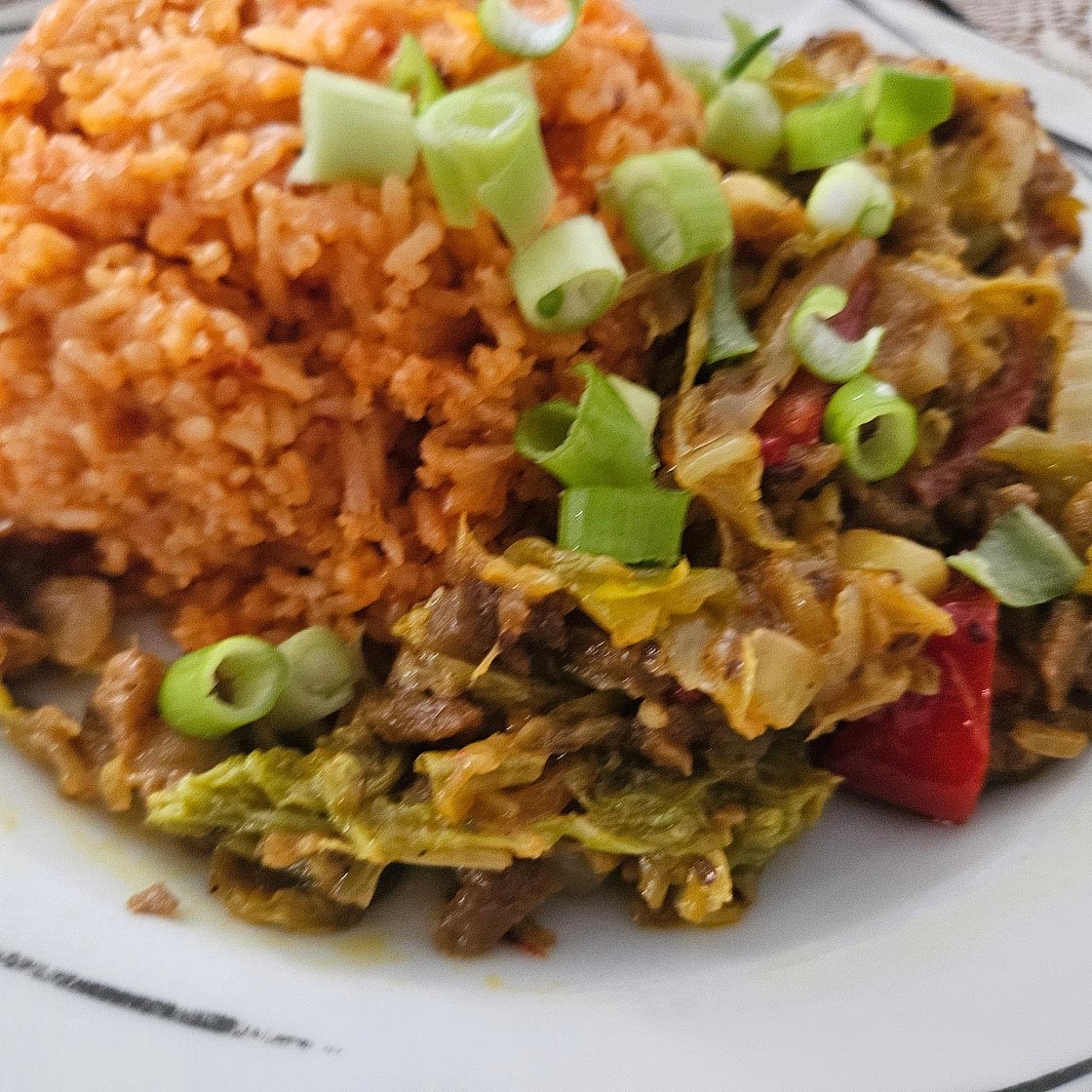 Vegan Roasted Eggplant (Aubergine) & Cabbage Sauté with Tomato-Cumin Basmati Rice
