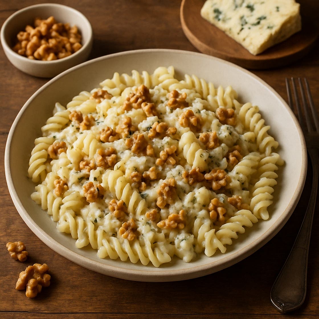 Fusilli con queso Roquefort y nueces