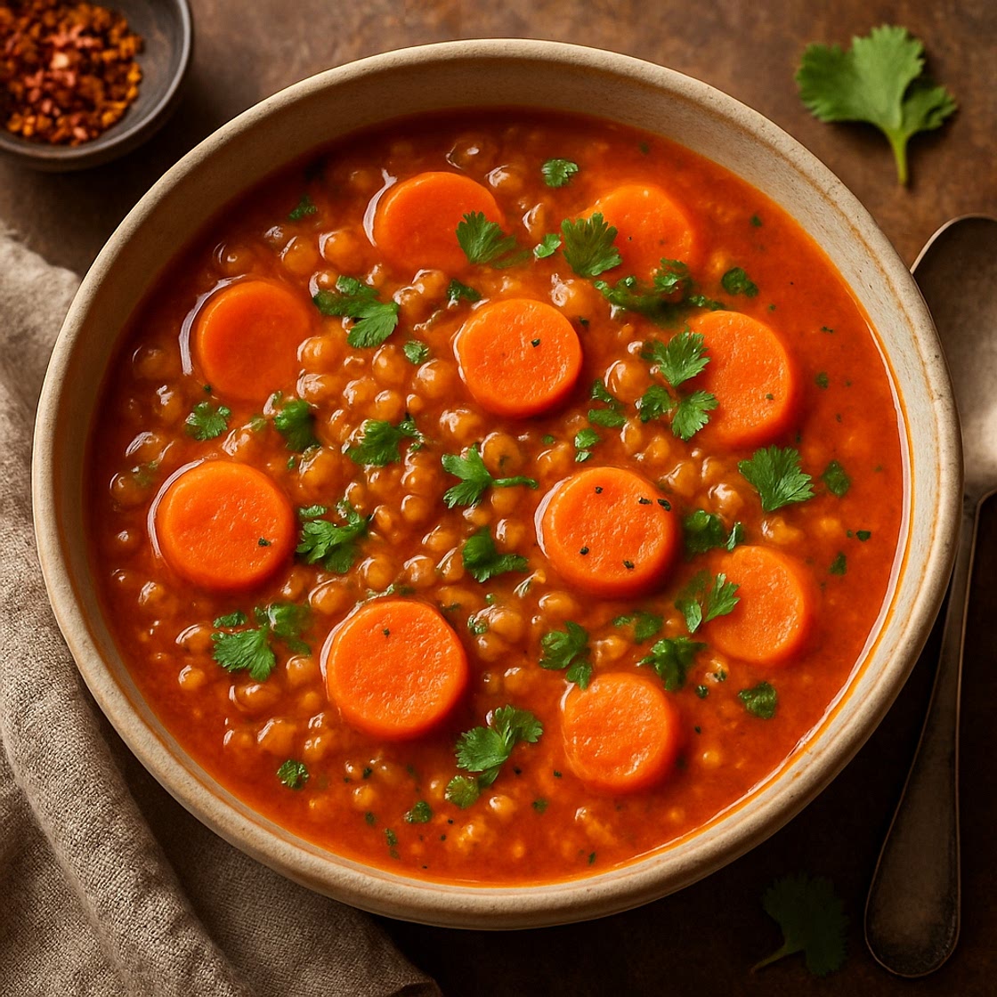 Sopa picante de lentejas y zanahorias