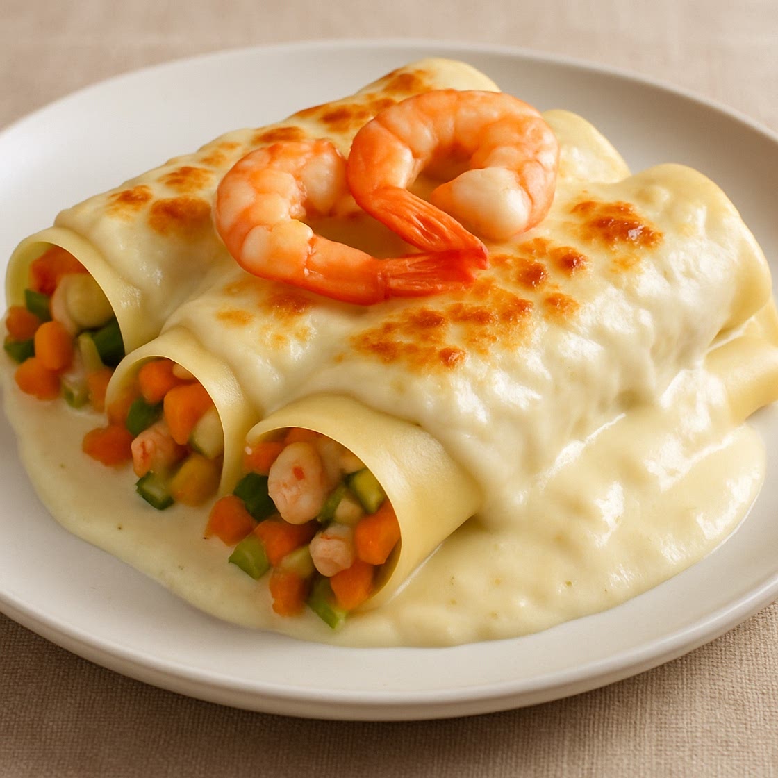 Canelones de verduritas y langostinos