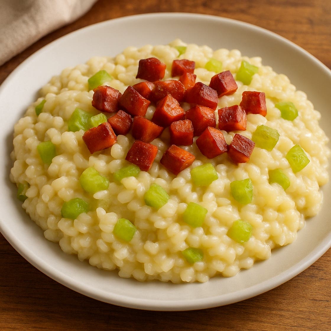 ‘Risotto’ con apio y jamón horneado