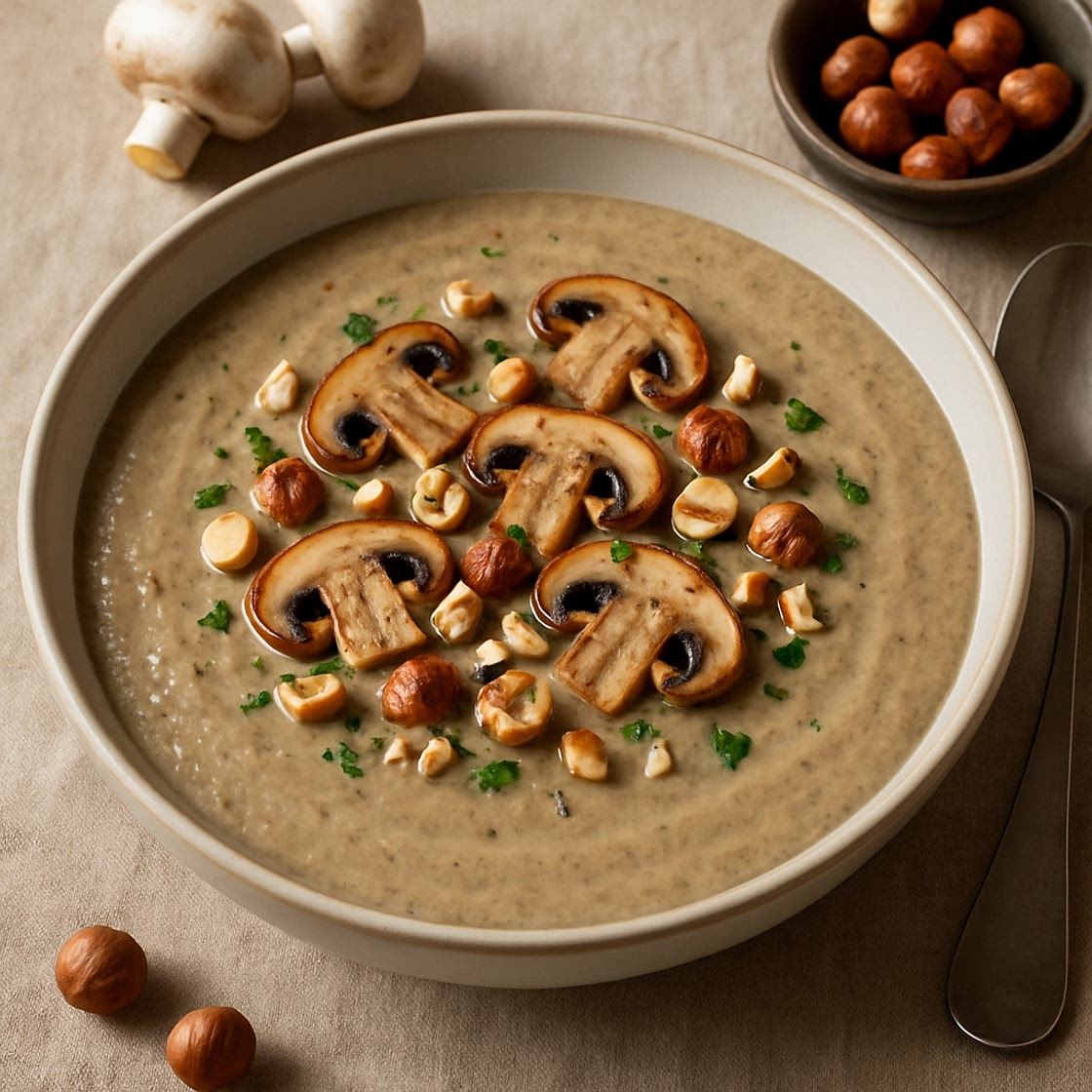 Crema de champiñones con avellanas
