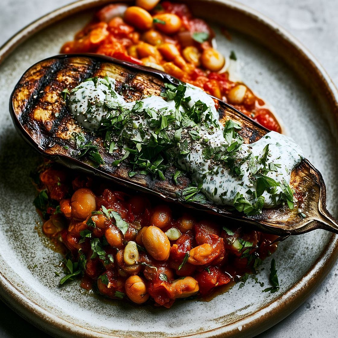 Smoky Harissa Butter Beans with Charred Aubergine & Herby Tahini