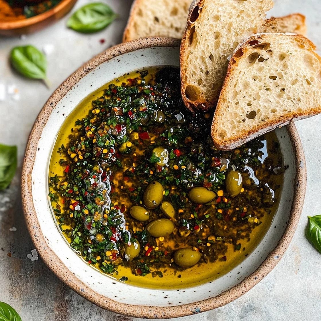 Garlic, lemon, balsamic and thyme bread dipping oil.