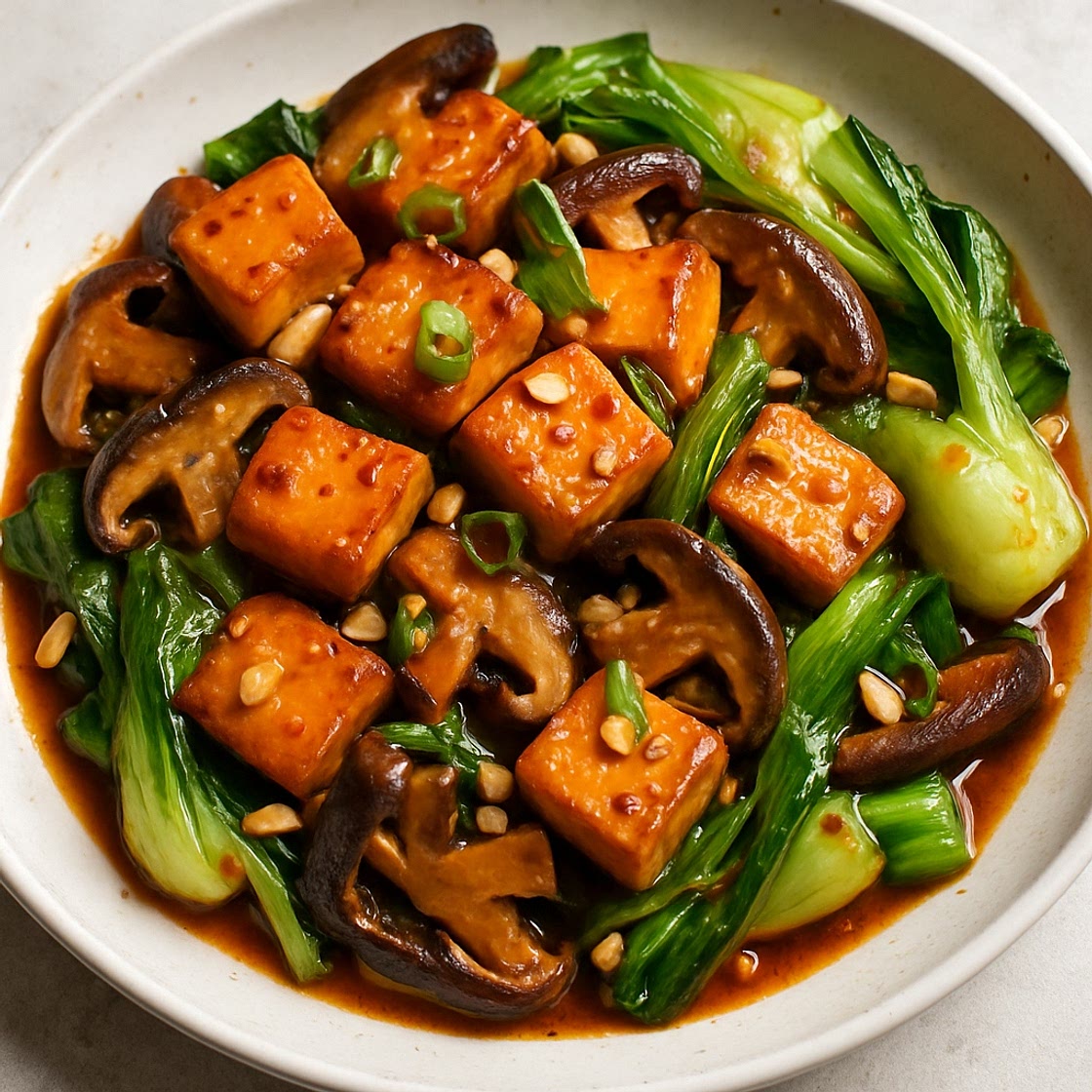 Spicy Peanut Tofu Stir Fry with Shiitake mushrooms and Bok Choy