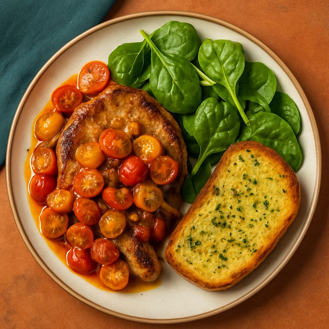 Skillet Pork Chops Provençal with Cherry Tomatoes, Spinach Salad & Garlic Toast