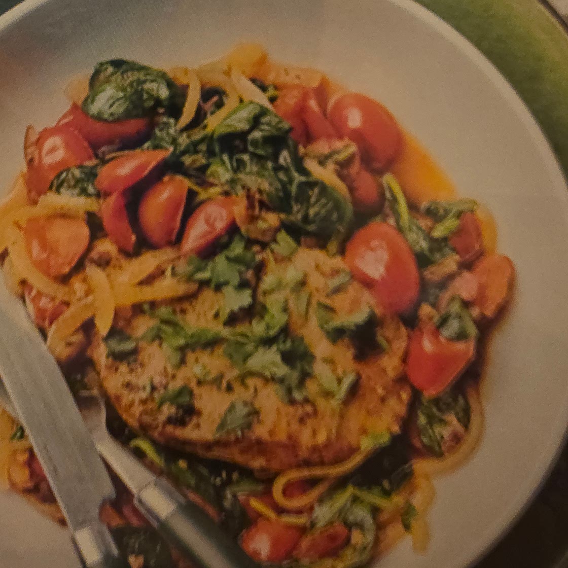 Skillet Pork Chops Provençal with Cherry Tomatoes, Spinach Salad & Garlic Toast