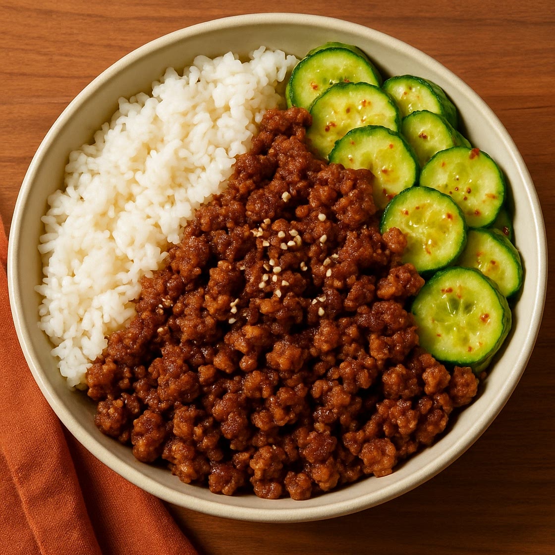 Ground Pork Bulgogi Bowl with Marinated Cucumbers & Jasmine Rice
