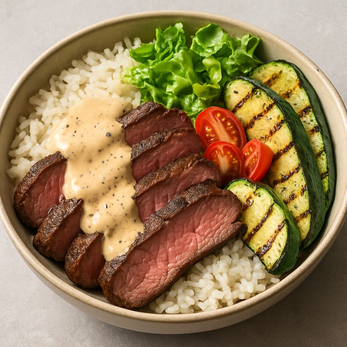 Grilled Steak Bowl with Creamy Sauce & Grilled Zucchini