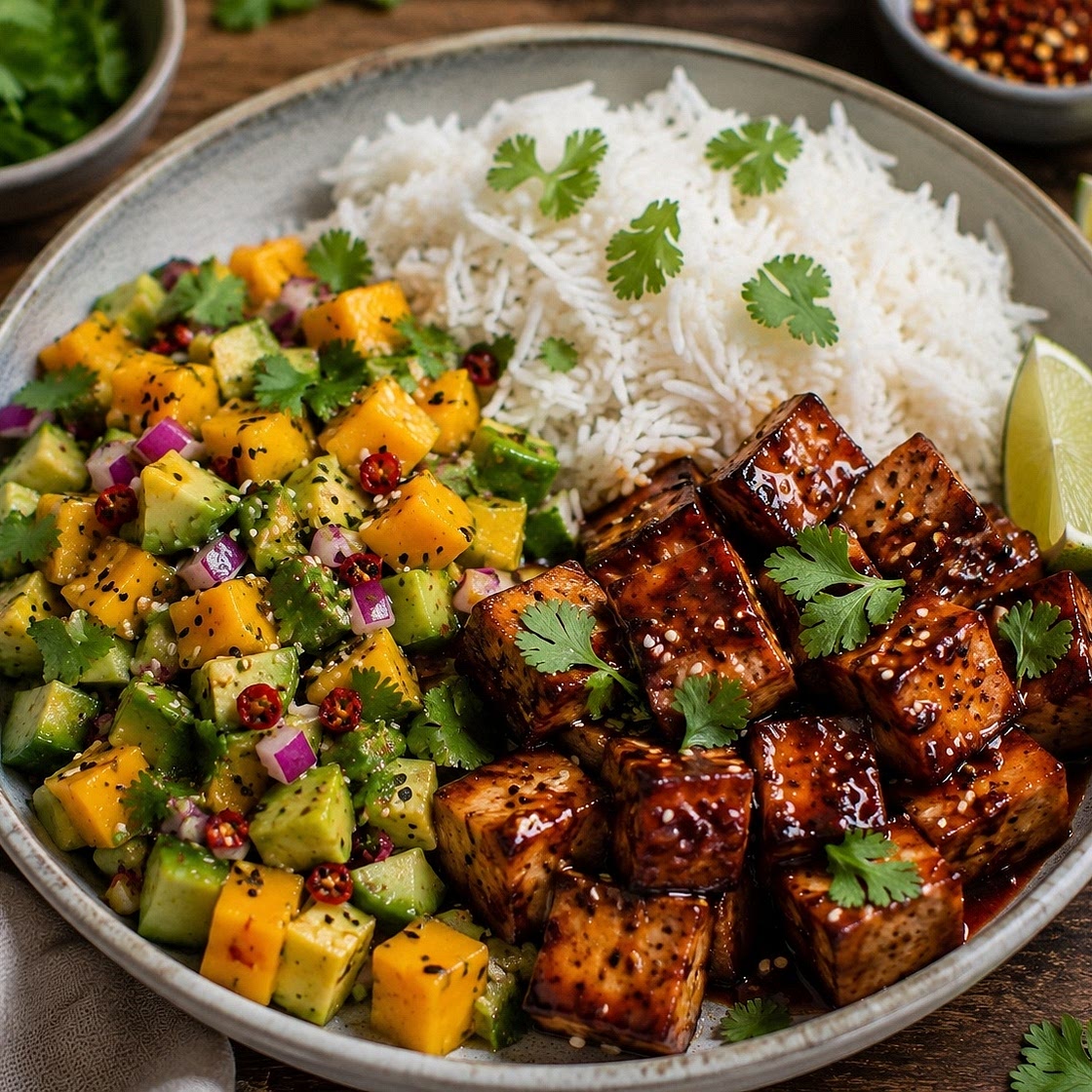 Tofu mit Mangosalsa und Reis