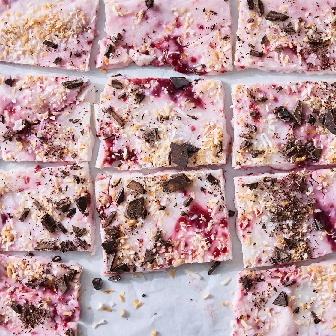 Raspberry-Chocolate Coconut Yogurt Bark