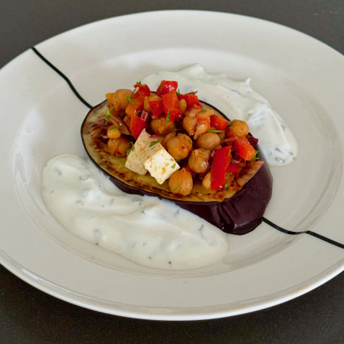 Roasted eggplant with Greek-style vegetables