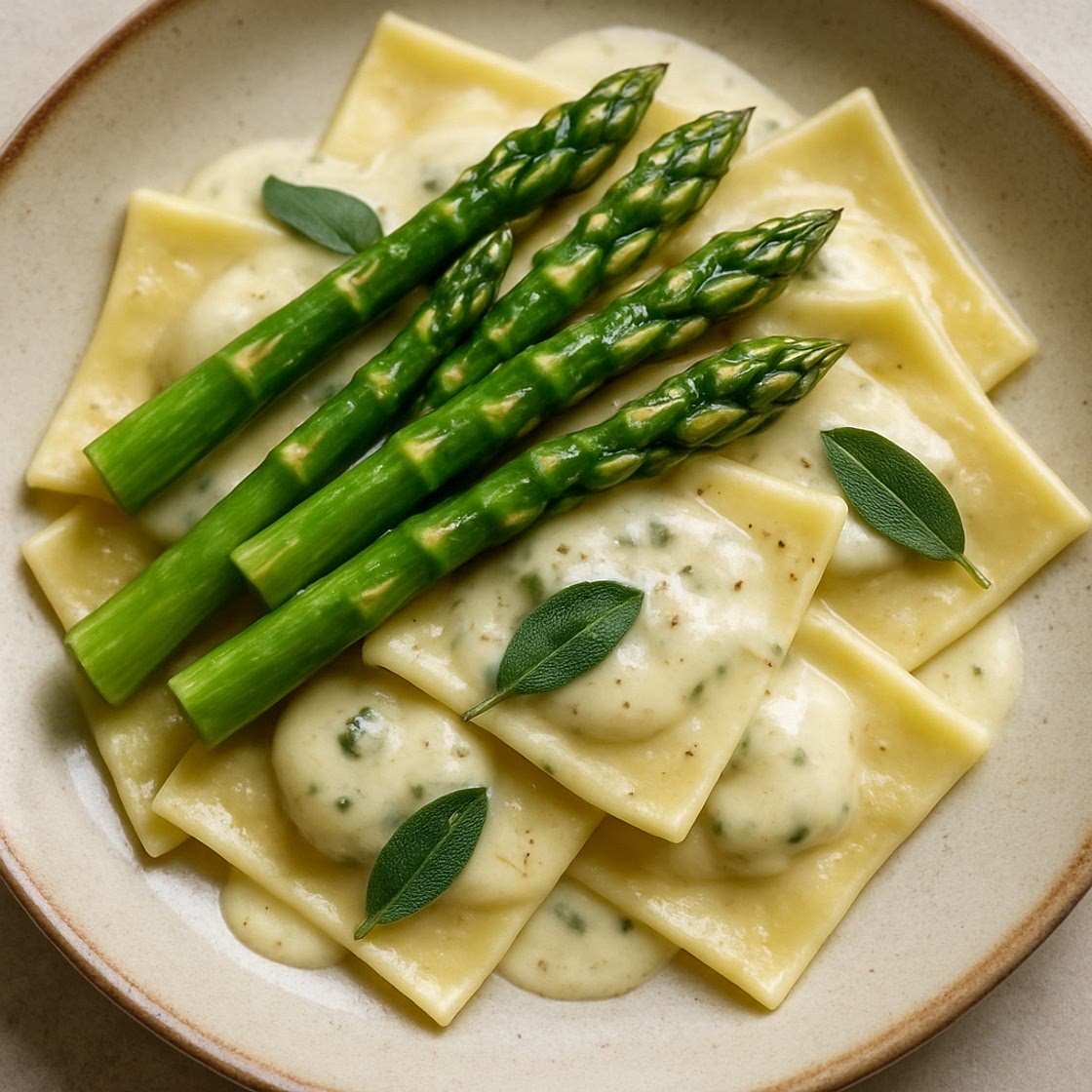 Espárragos y pasta wonton con crema de salvia