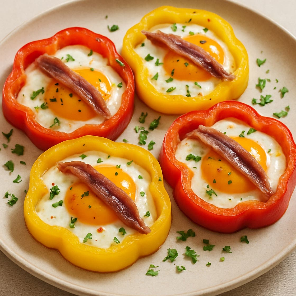 Nidos de pimientos con huevo y anchoas