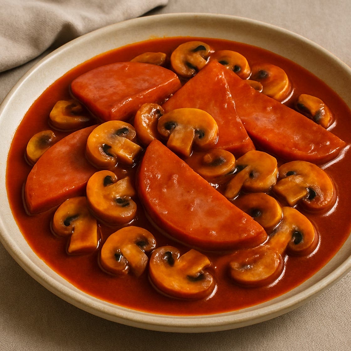Mortadela en salsa de guajillo con champiñones