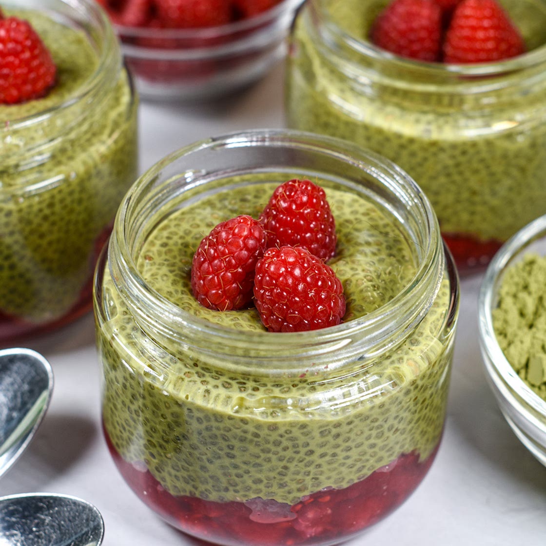 Raspberry Matcha Chia Seed Pudding