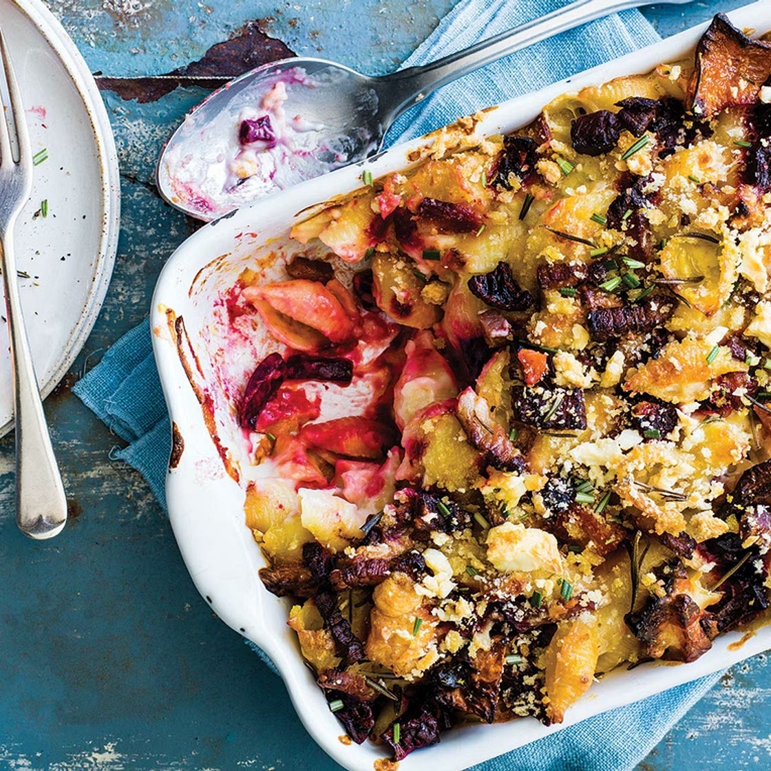 Butternut squash and beetroot pasta bake