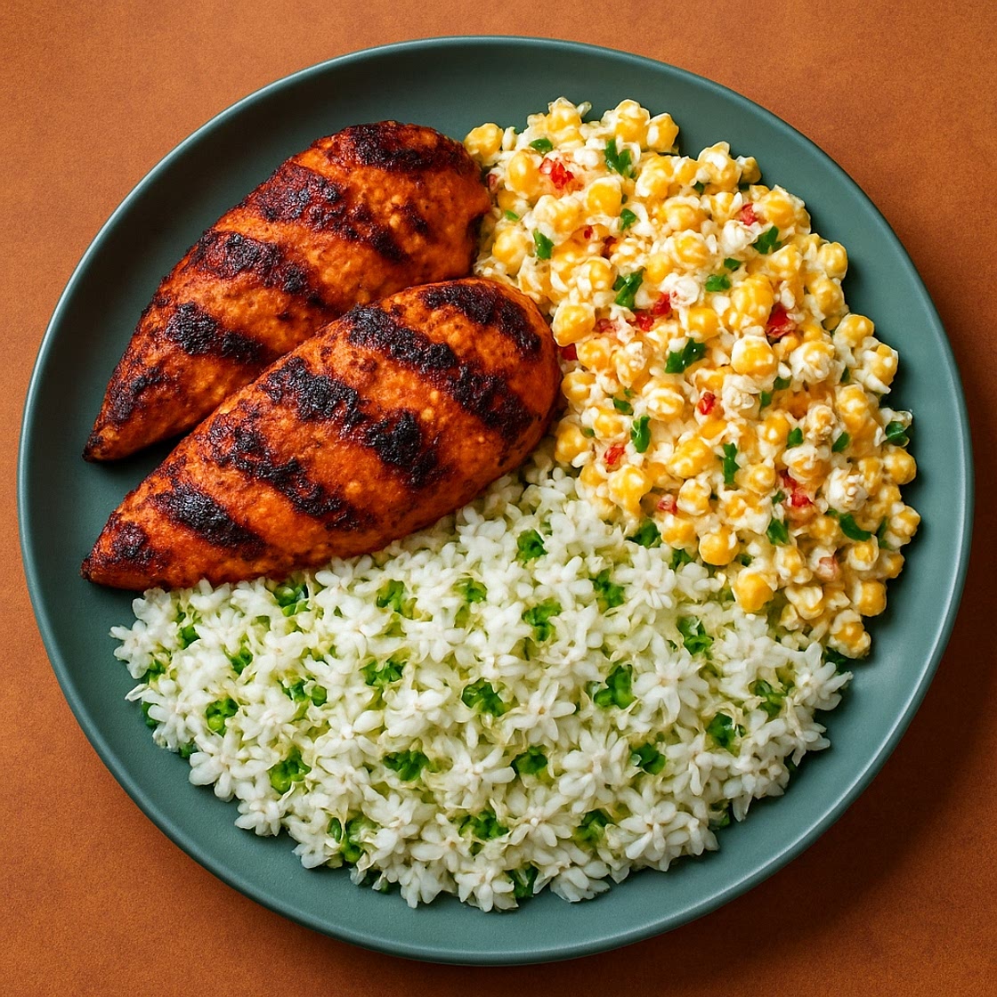 Mexican Grilled Chicken with Creamy Street Corn Salad & Coriander Lime Rice