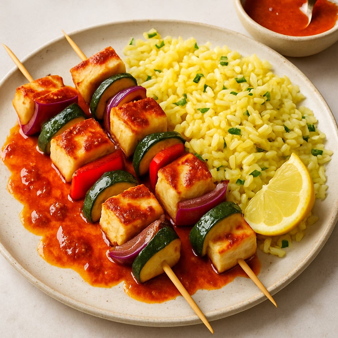 Halloumi kebabs with a paprika dressing and lemon orzo
