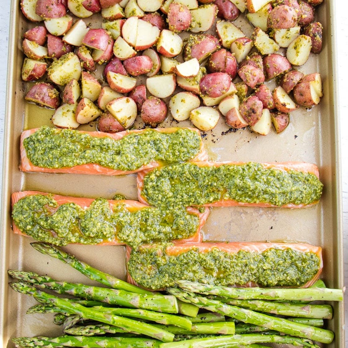 Sheet Pan Salmon and Asparagus with Pesto and Potatoes