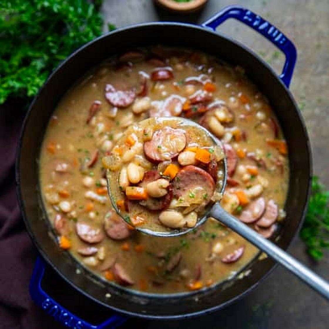 Creamy potato, white bean, and kielbasa soup