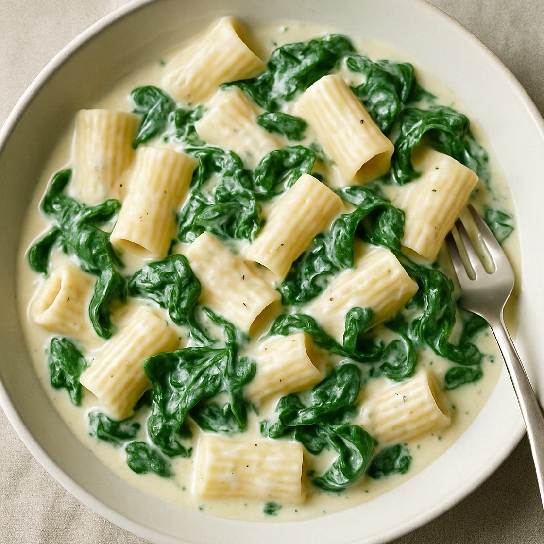 Pasta con espinacas y salsa de queso