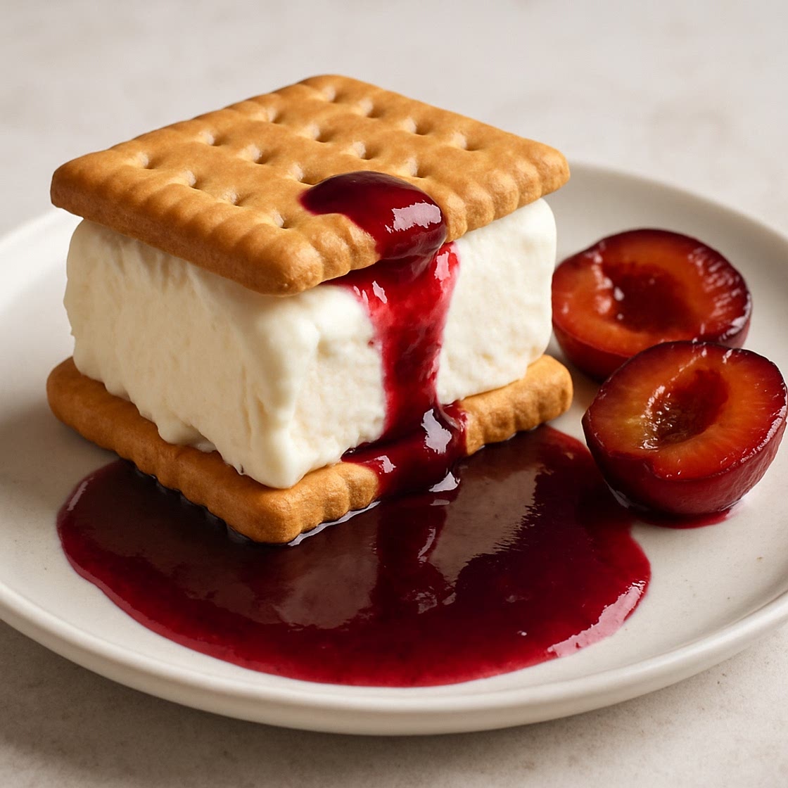 Biscuit helado con salsa de ciruelas