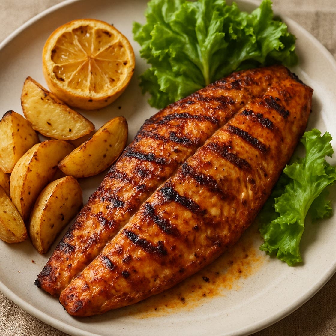 Filete de pescado marinado y asado