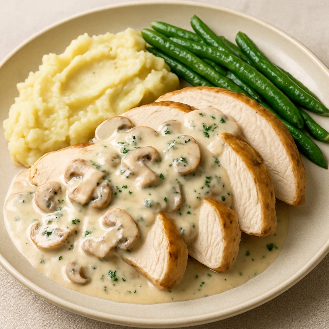 Pavo con crema de champiñones