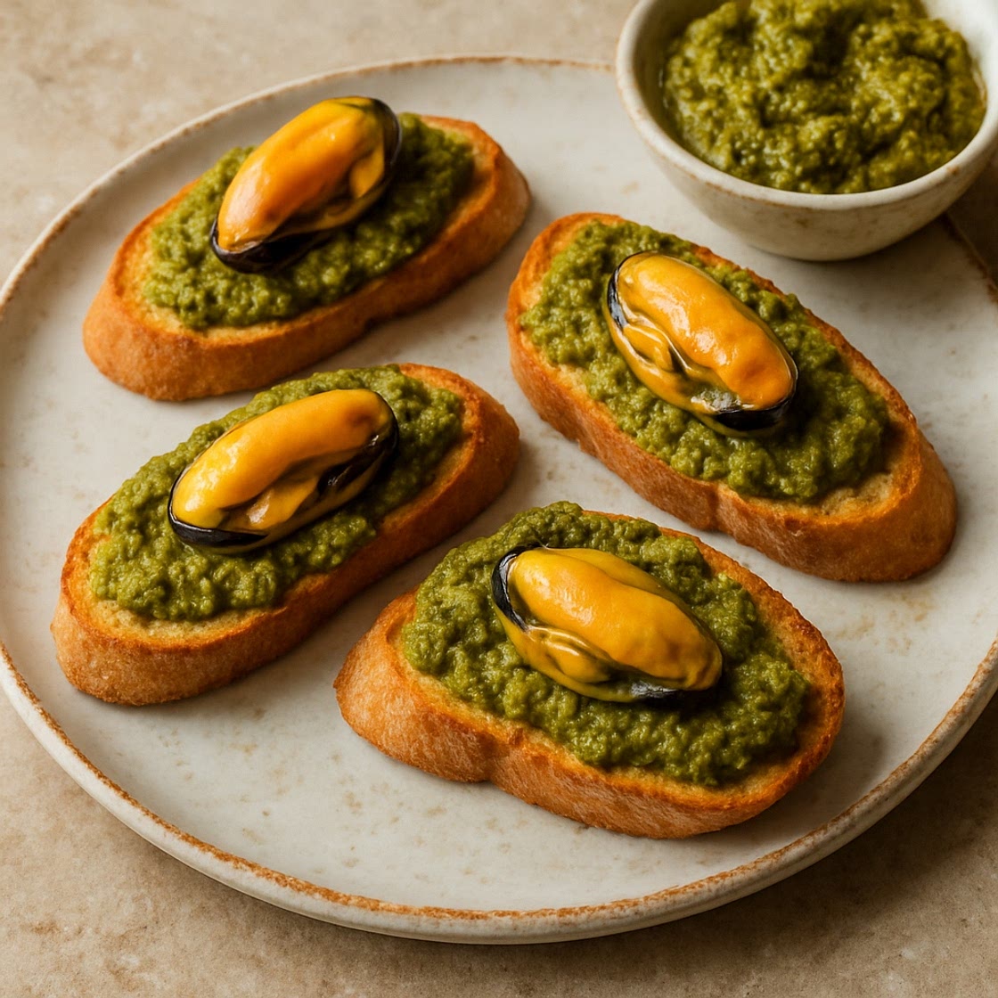 Crostini de mejillones con pesto de curry