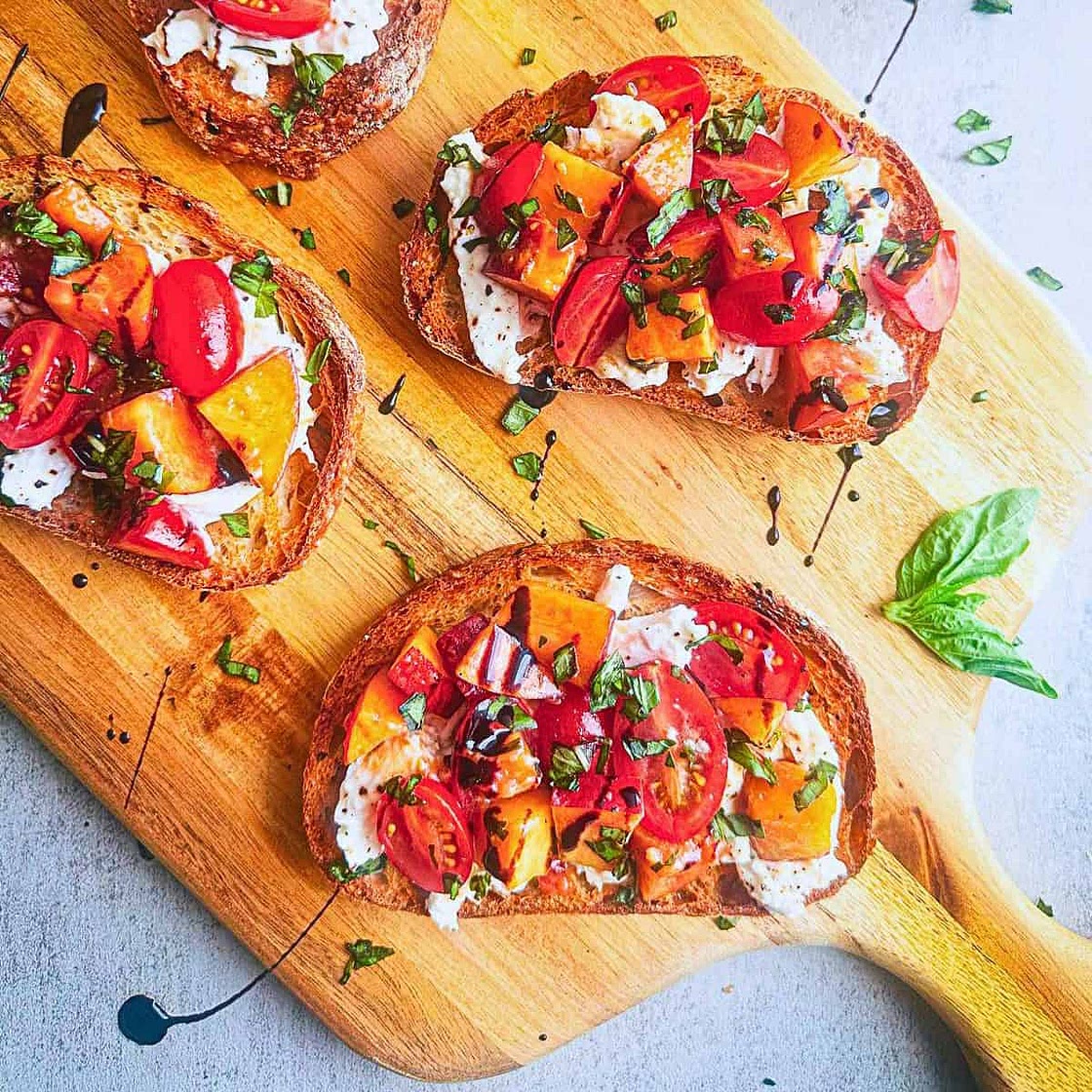 Peach + Tomato Burrata Bruschetta